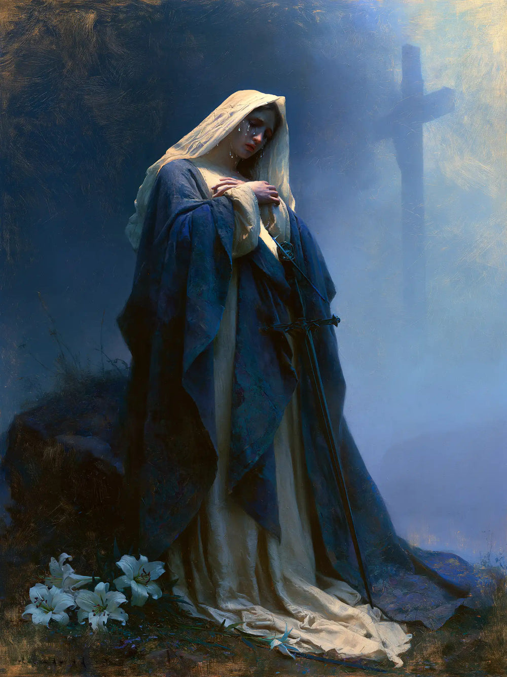 Our Lady of Sorrows in a symbolist composition in Symbolist style, portrait Christian artwork no. 16