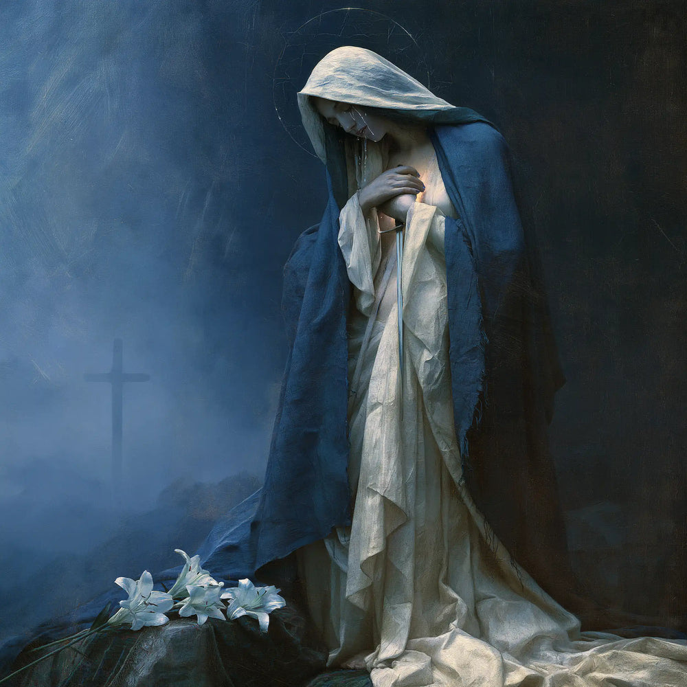 Our Lady of Sorrows in a symbolist composition in Symbolist style, square Christian artwork no. 2