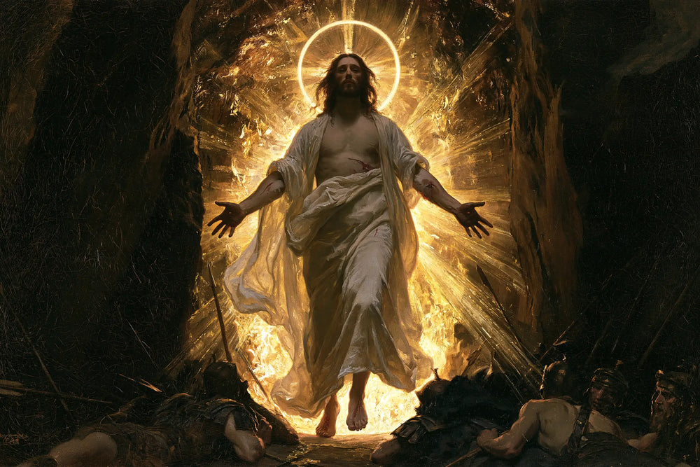 Resurrection of Jesus Christ in Black and Gold style, landscape Christian artwork no. 9