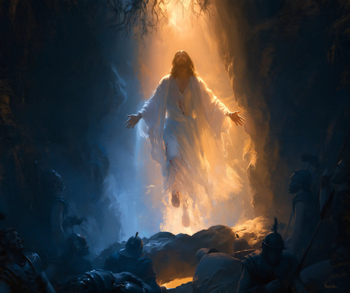 Resurrection of Jesus Christ in Midnight-blue Chiaroscuro style, landscape Christian artwork no. 2