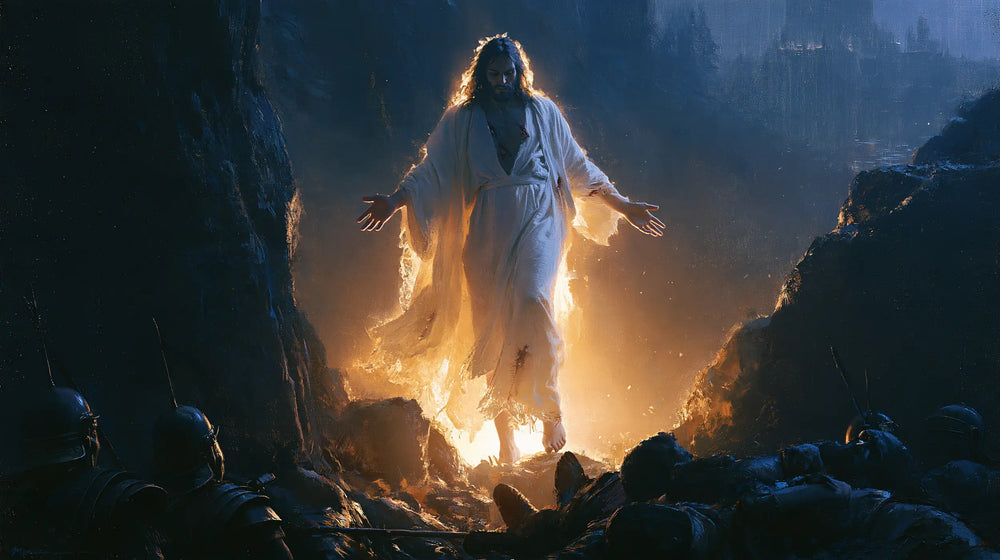 Resurrection of Jesus Christ in Midnight-blue Chiaroscuro style, landscape Christian artwork no. 17