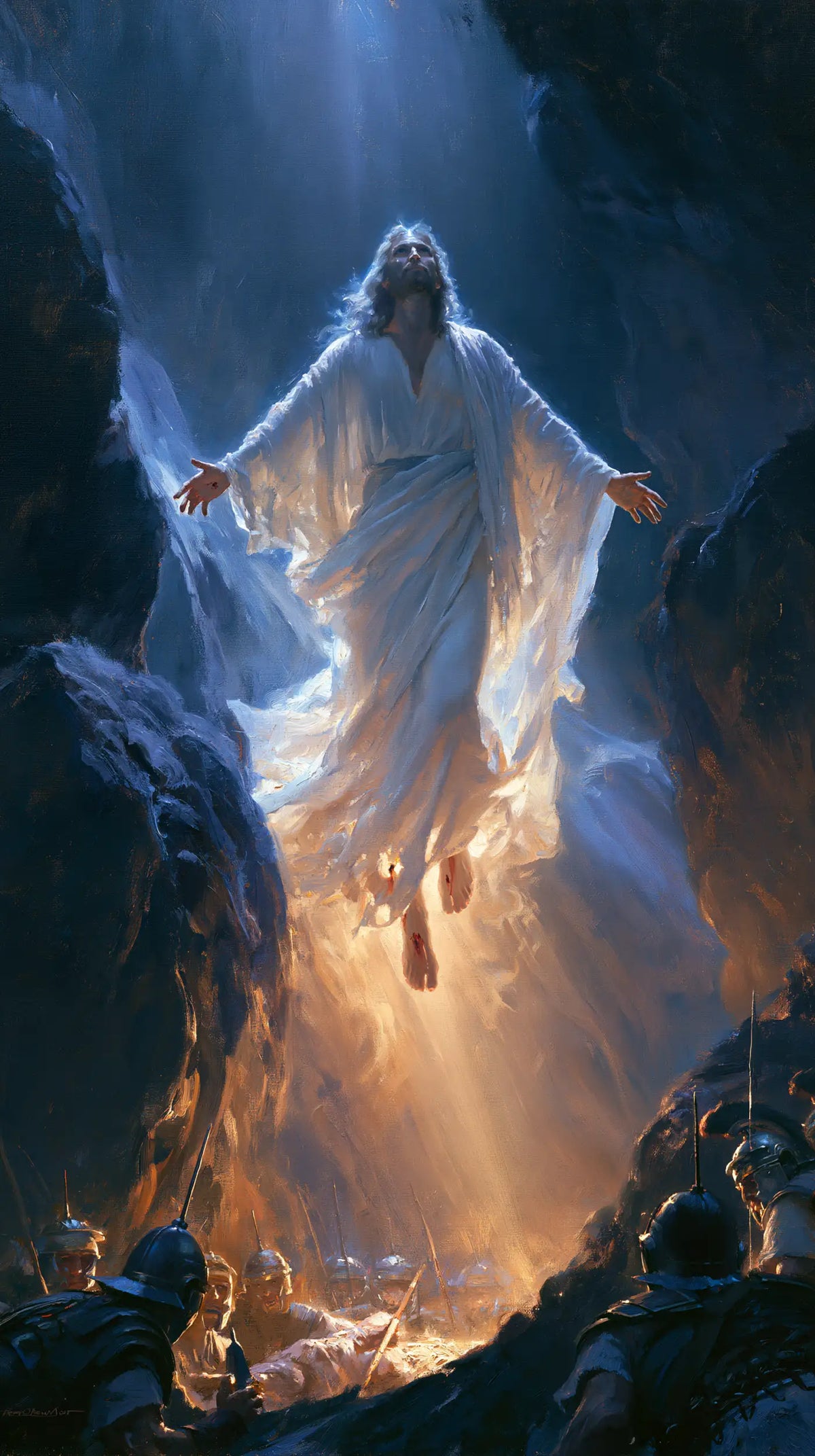 Resurrection of Jesus Christ in Midnight-blue Chiaroscuro style, portrait Christian artwork no. 10