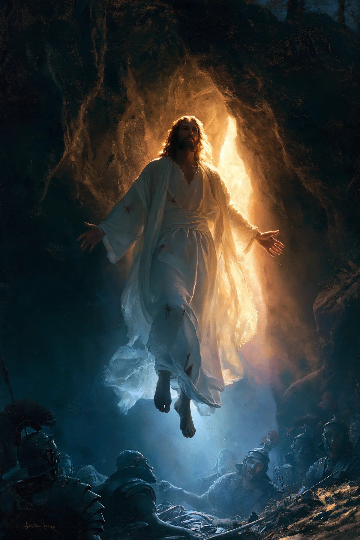 Resurrection of Jesus Christ in Midnight-blue Chiaroscuro style, portrait Christian artwork no. 13