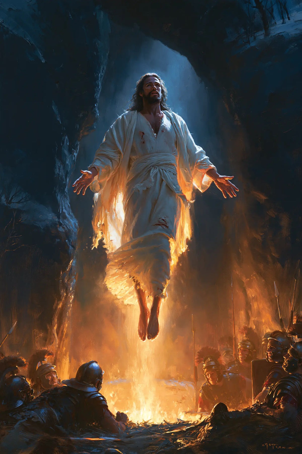 Resurrection of Jesus Christ in Midnight-blue Chiaroscuro style, portrait Christian artwork no. 14