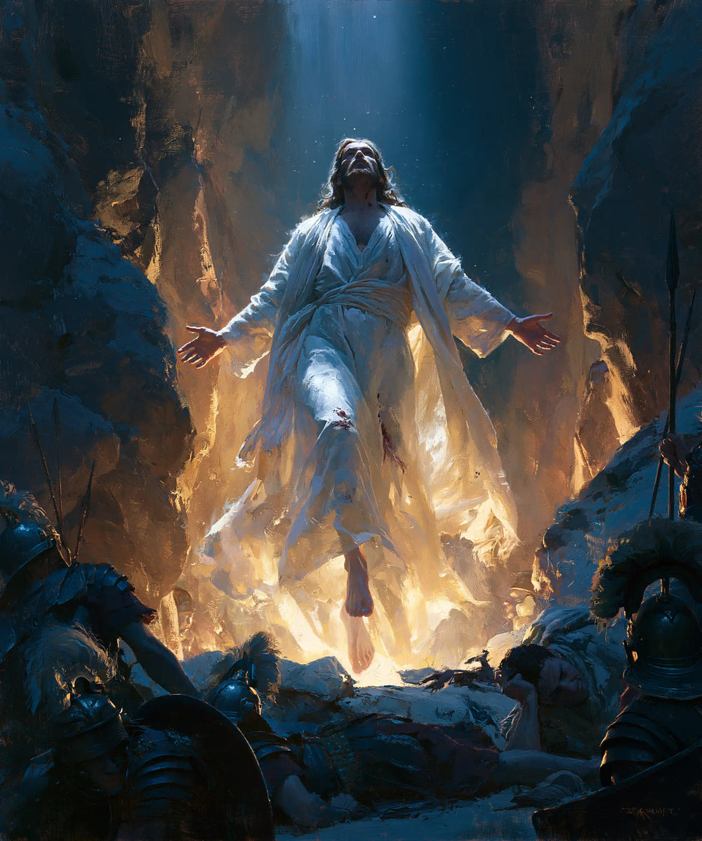 Resurrection of Jesus Christ in Midnight-blue Chiaroscuro style, portrait Christian artwork no. 26
