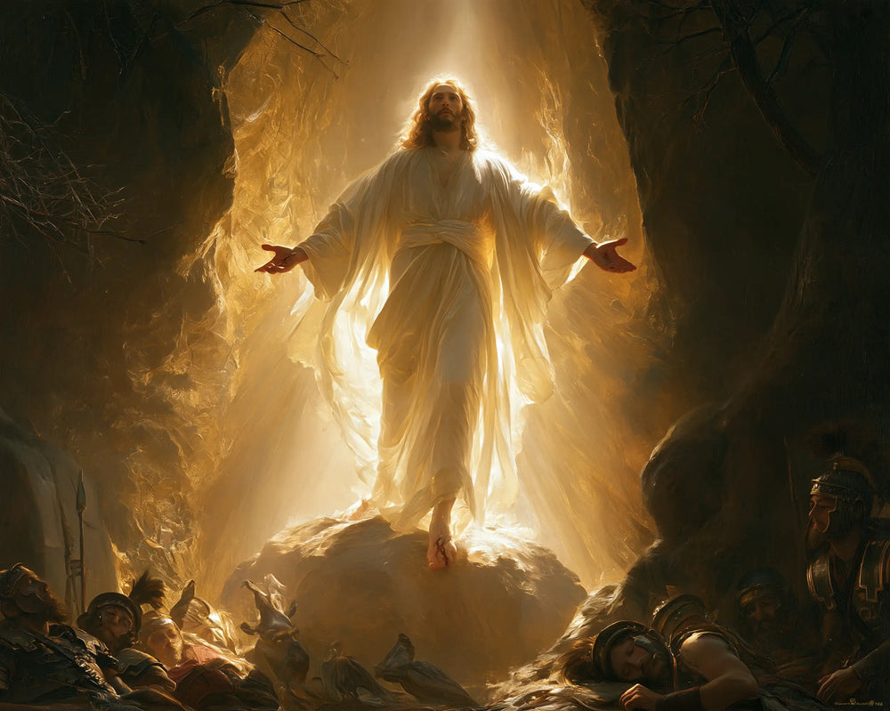 Resurrection of Jesus Christ in Sacred Gold style, landscape Christian artwork no. 6