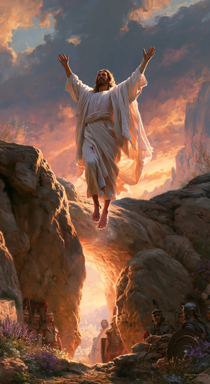 The Resurrection of Jesus Christ — Hands Raised beneath the Coral Sky