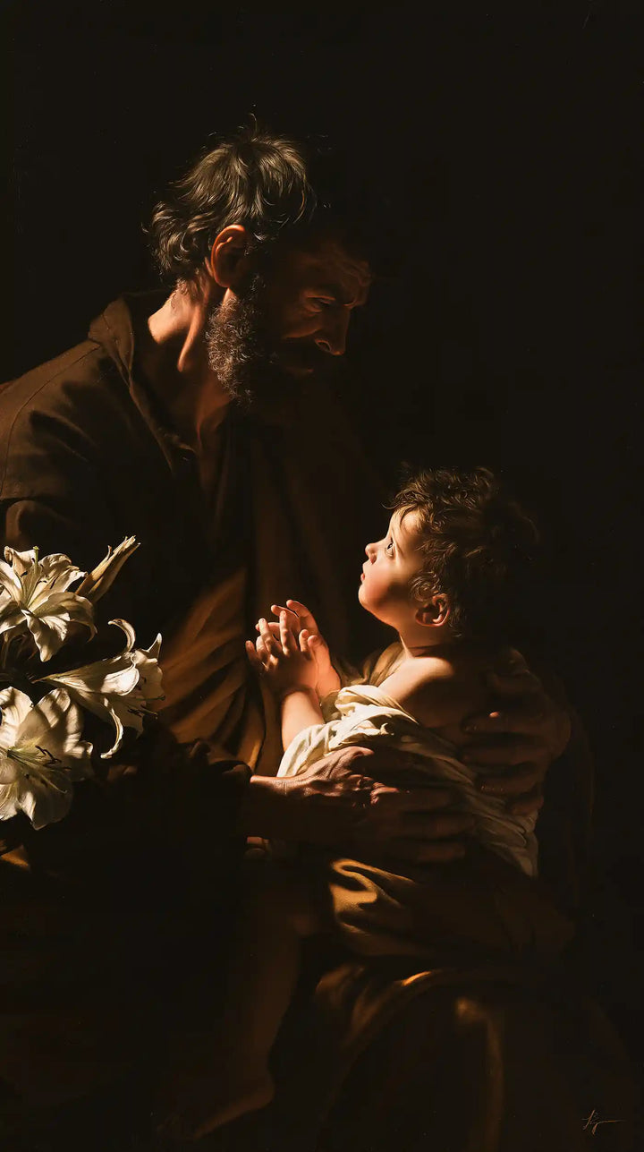 Saint Joseph with the Child Jesus – Caravaggio Tenebrism · Portrait no. 7
