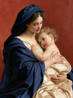 The Virgin Mary and Child Jesus — Crimson Background and Sleeping Child