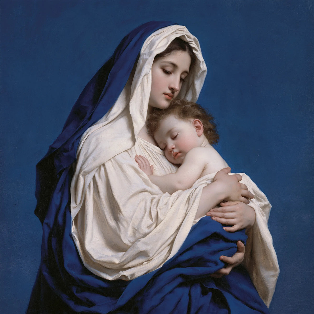 The Virgin Mary and Child Jesus — Silver-Blue Veil in Quiet Light