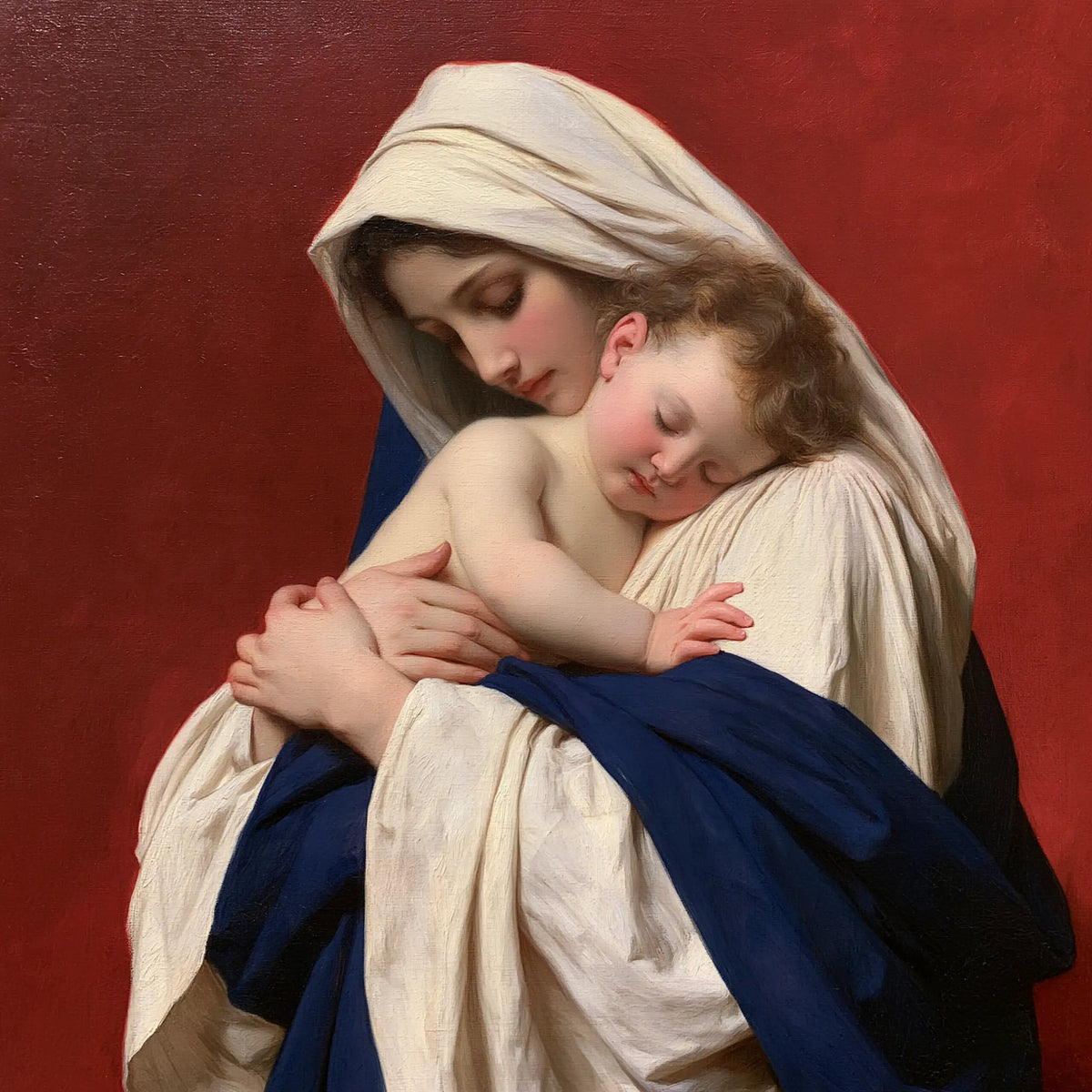 The Virgin Mary and Child Jesus — Sleeping Child Before the Red Wall