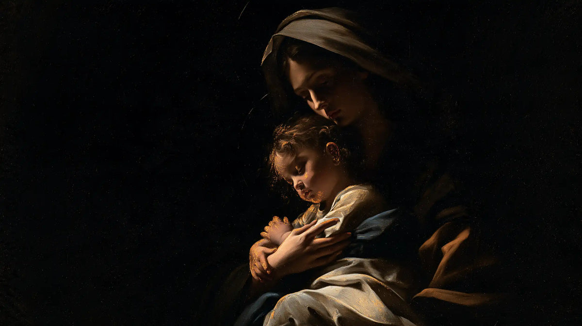 the Virgin Mary holding the Child Jesus in Black and Gold style, landscape Christian artwork no. 11