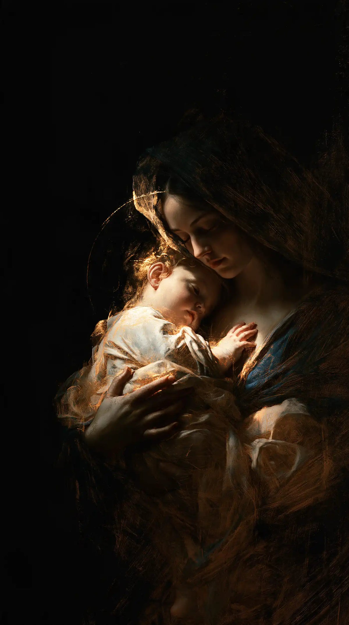 the Virgin Mary holding the Child Jesus in Black and Gold style, portrait Christian artwork no. 13