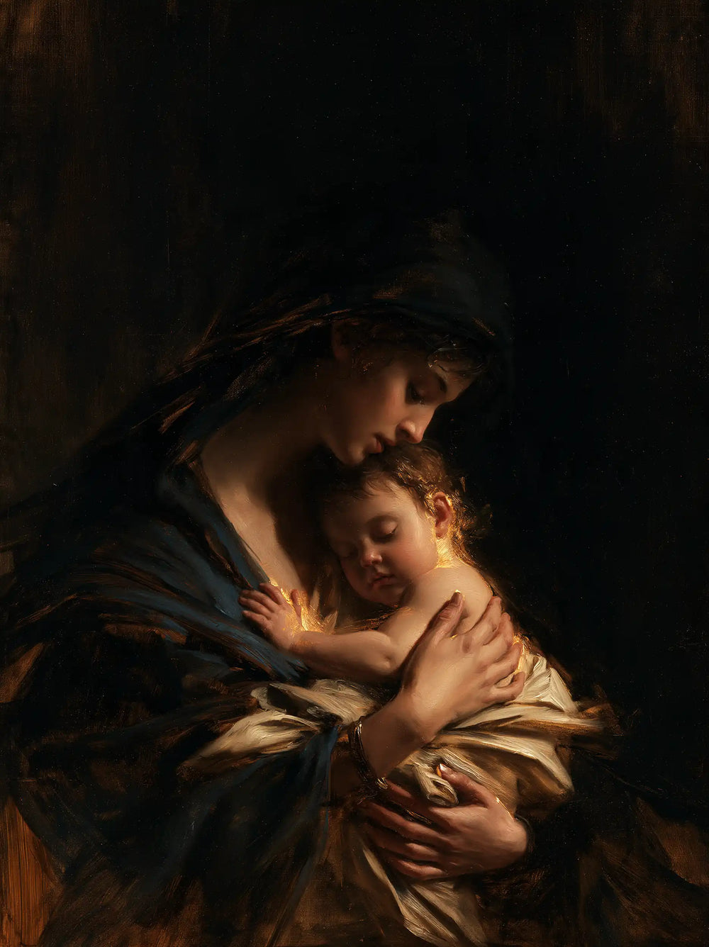 the Virgin Mary holding the Child Jesus in Black and Gold style, portrait Christian artwork no. 25