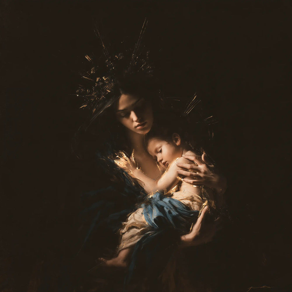 the Virgin Mary holding the Child Jesus in Black and Gold style, square Christian artwork no. 8