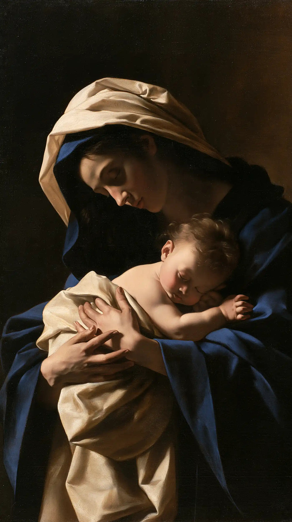 the Virgin Mary holding the Child Jesus in Caravaggio Tenebrism style, portrait Christian artwork no. 4