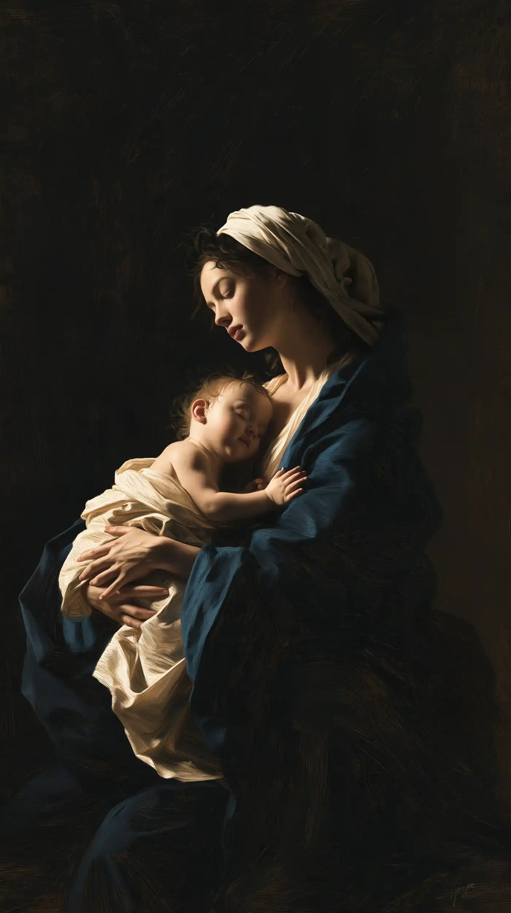 the Virgin Mary holding the Child Jesus in Caravaggio Tenebrism style, portrait Christian artwork no. 14