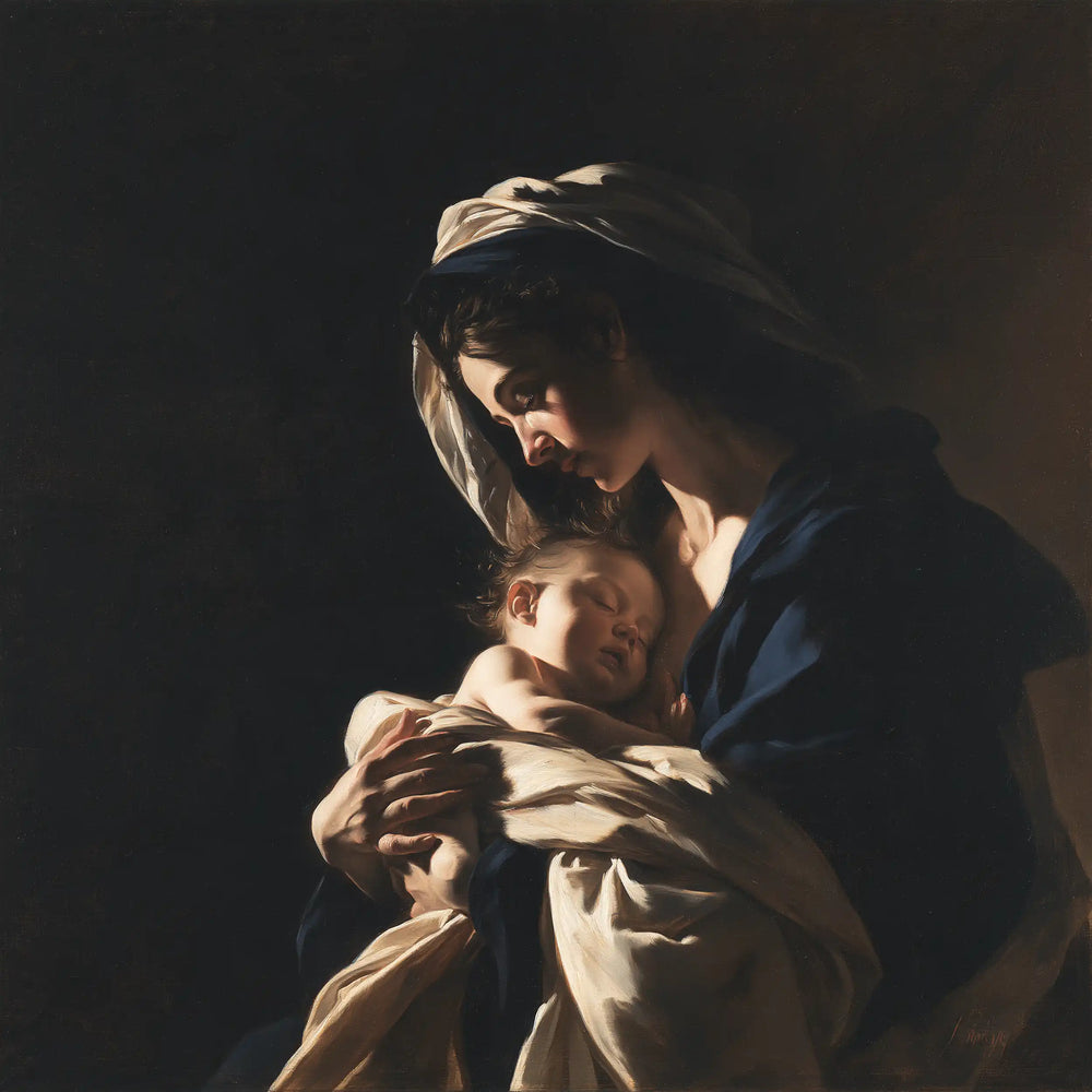 the Virgin Mary holding the Child Jesus in Caravaggio Tenebrism style, square Christian artwork no. 6