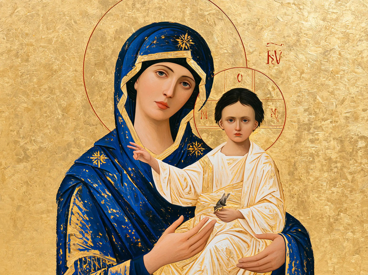 the Virgin Mary and the Child Jesus in Contemporary Byzantine style, landscape Christian artwork no. 4