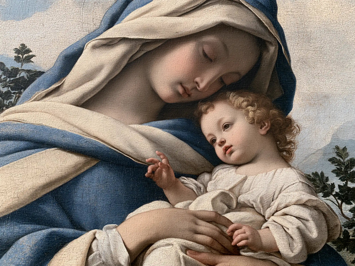 the Virgin Mary with the Child Jesus in Florentine Renaissance style, landscape Christian artwork no. 8