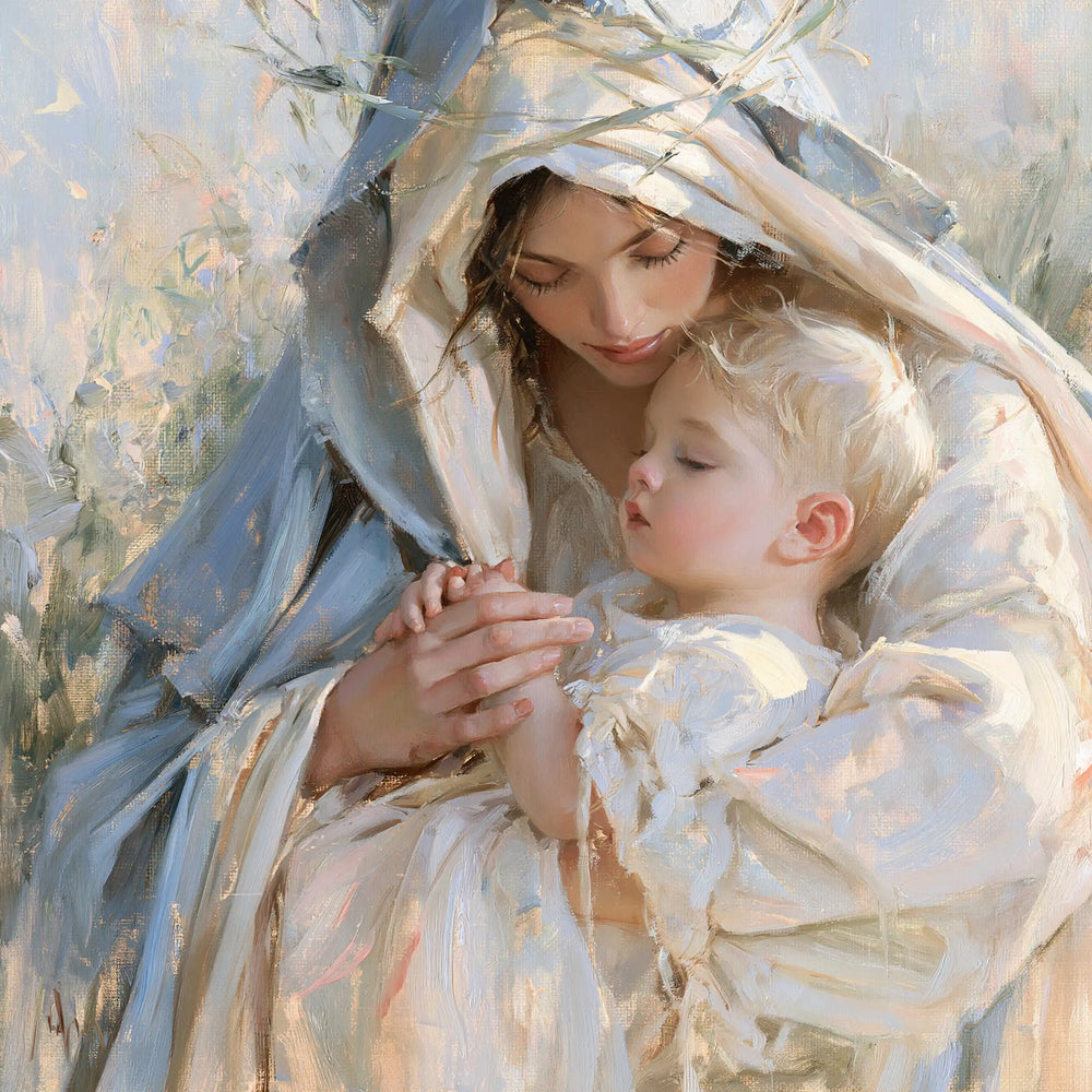 the Virgin Mary and the Child Jesus together in Impressionist style, square Christian artwork no. 1