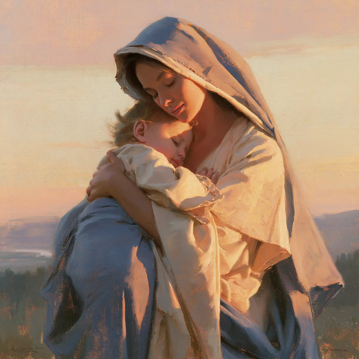 the Virgin Mary and the Child Jesus at dawn in Mary and Jesus at Dawn style, square Christian artwork no. 8