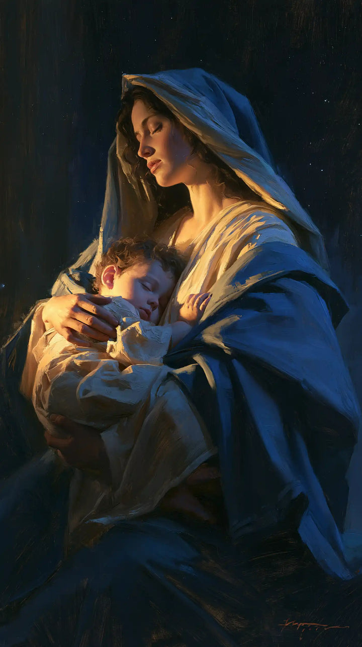 The Virgin and Child — The Vigil in Profile Against Silent Blue