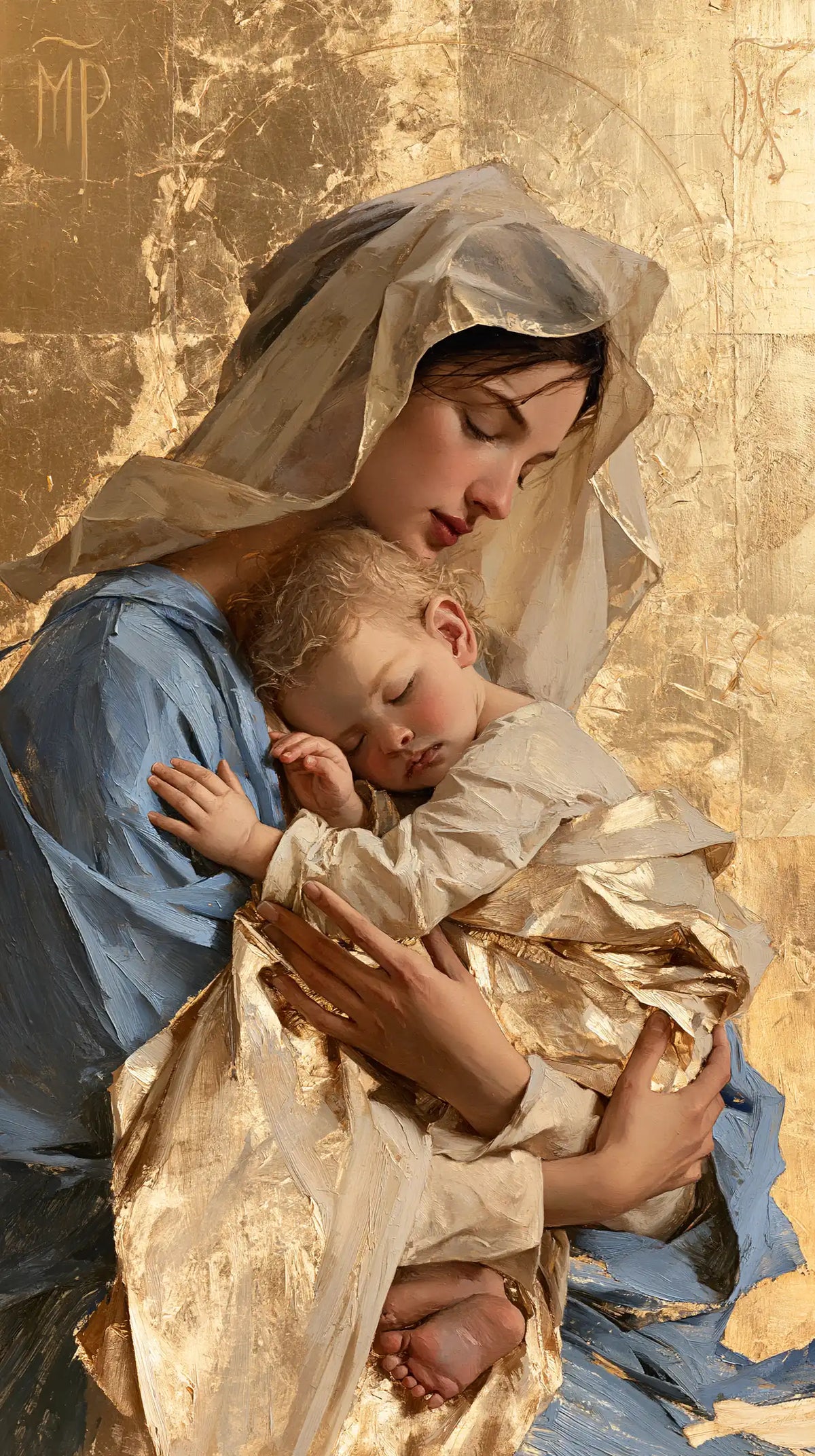 the Virgin Mary with the Child Jesus in Sacred Gold style, portrait Christian artwork no. 14
