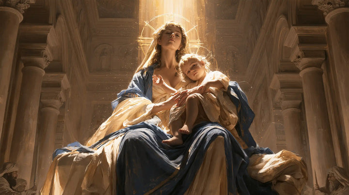 The Virgin and Child — The Uplifted Gaze Beneath the Carved Ceiling