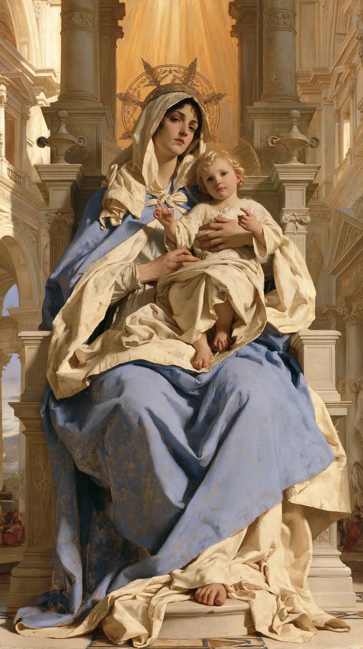 the Virgin Mary and the Child Jesus in a majestic composition in Sacred Monumental View style, portrait Christian artwork no. 3