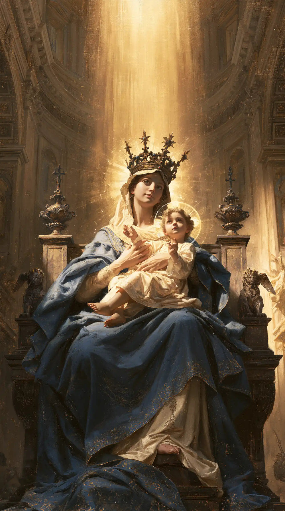 the Virgin Mary and the Child Jesus in a majestic composition in Sacred Monumental View style, portrait Christian artwork no. 7