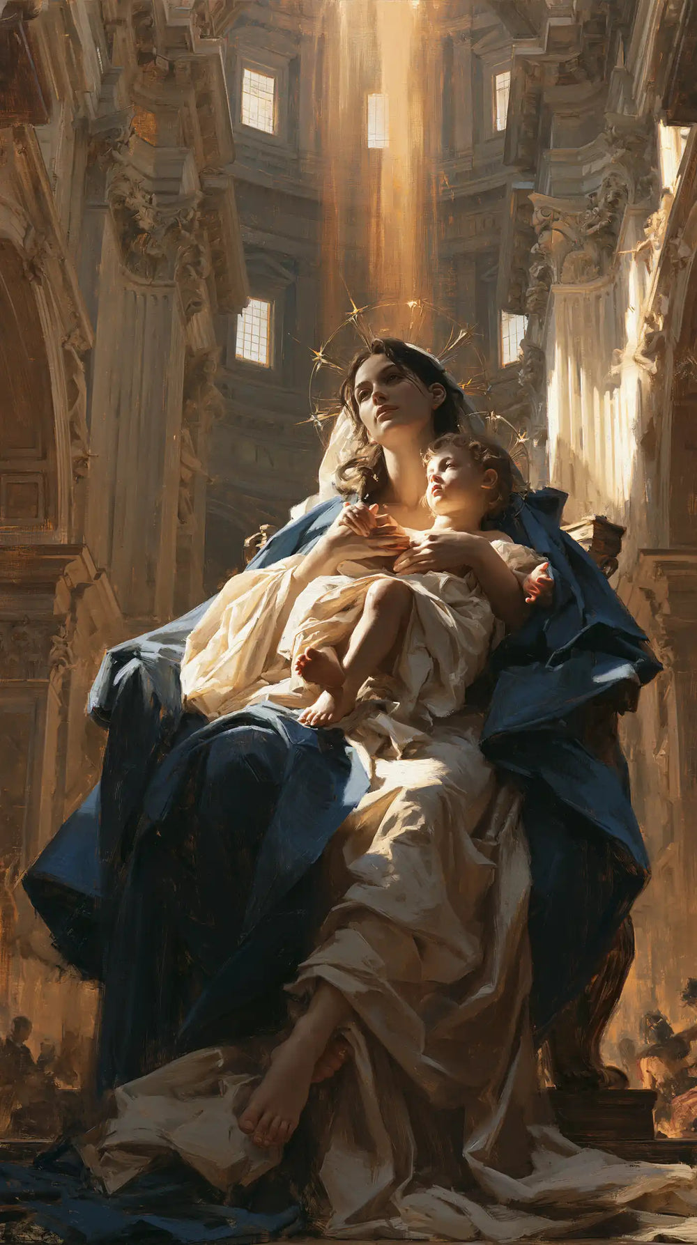 the Virgin Mary and the Child Jesus in a majestic composition in Sacred Monumental View style, portrait Christian artwork no. 13