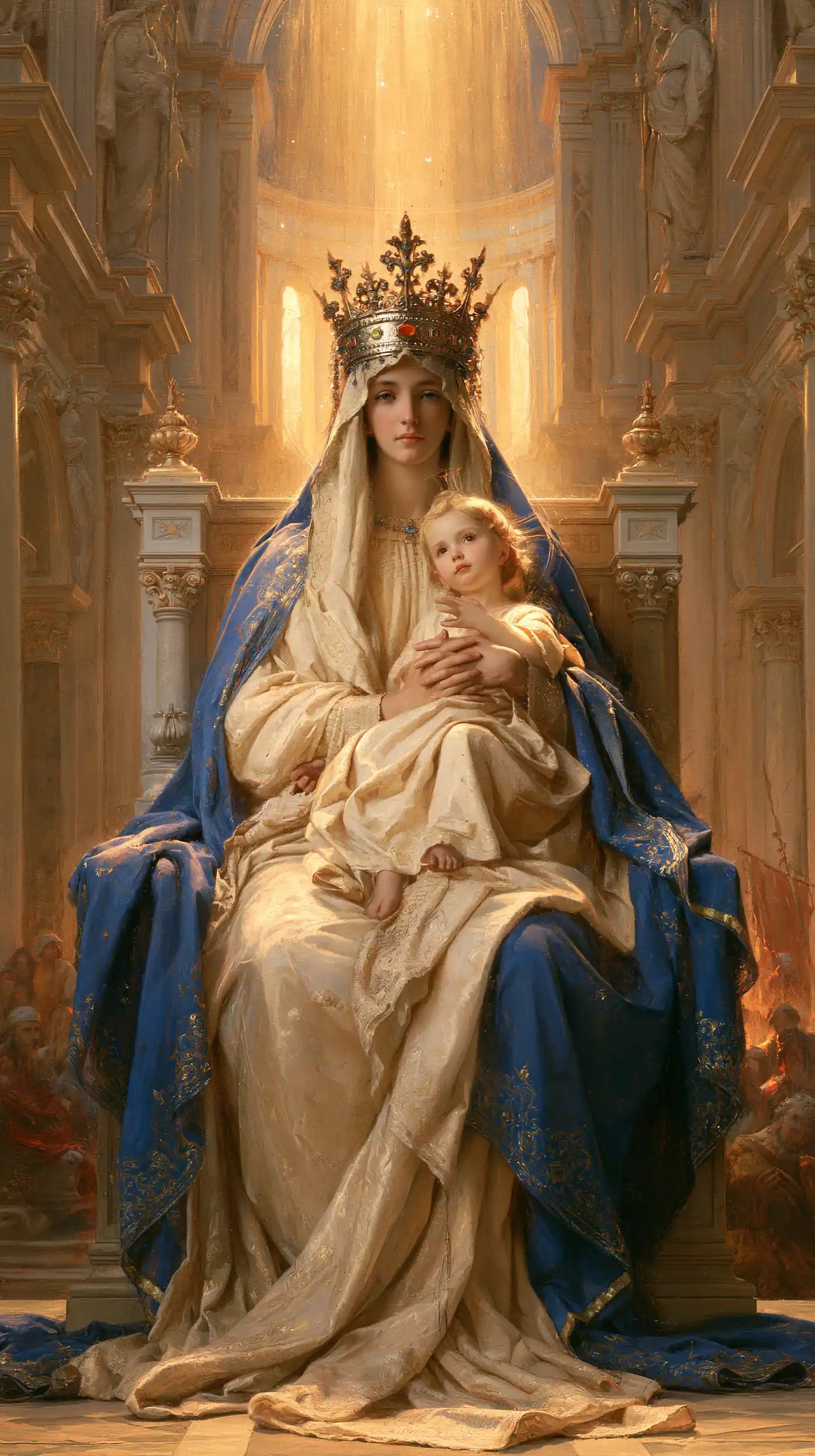 the Virgin Mary and the Child Jesus in a majestic composition in Sacred Monumental View style, portrait Christian artwork no. 18