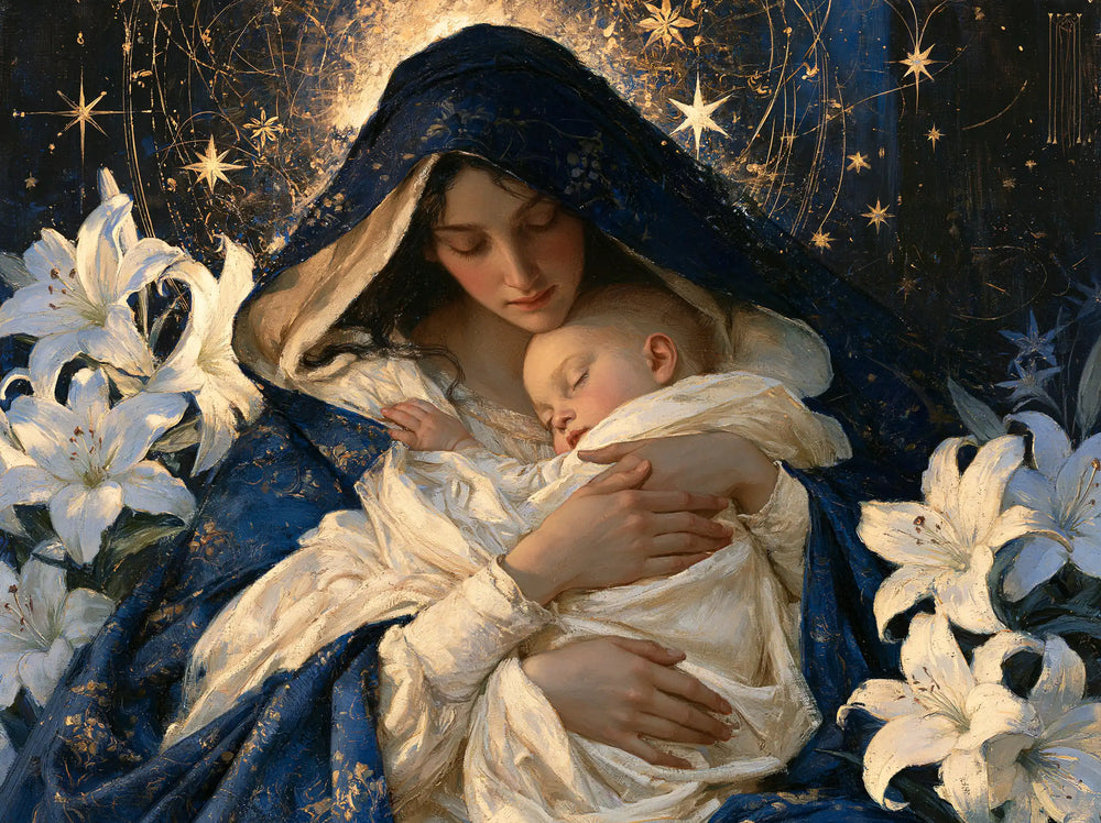 the Virgin Mary and the Child Jesus in Symbolist style, landscape Christian artwork no. 11
