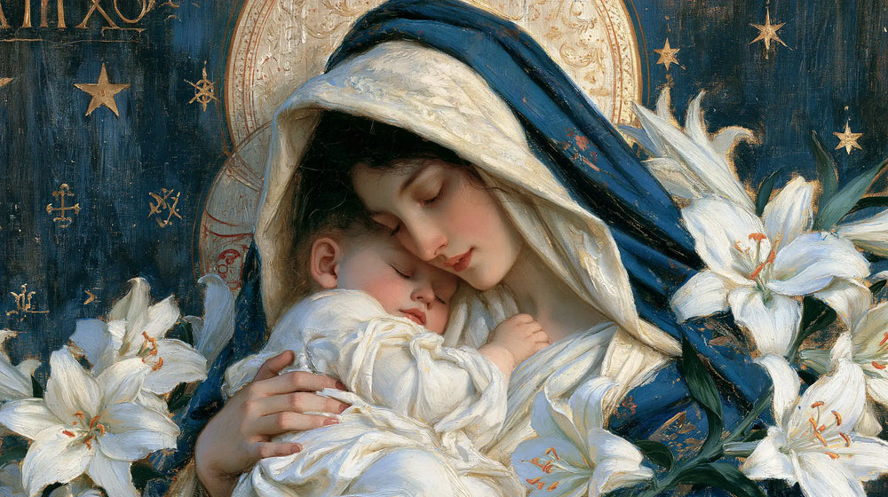 the Virgin Mary and the Child Jesus in Symbolist style, landscape Christian artwork no. 14