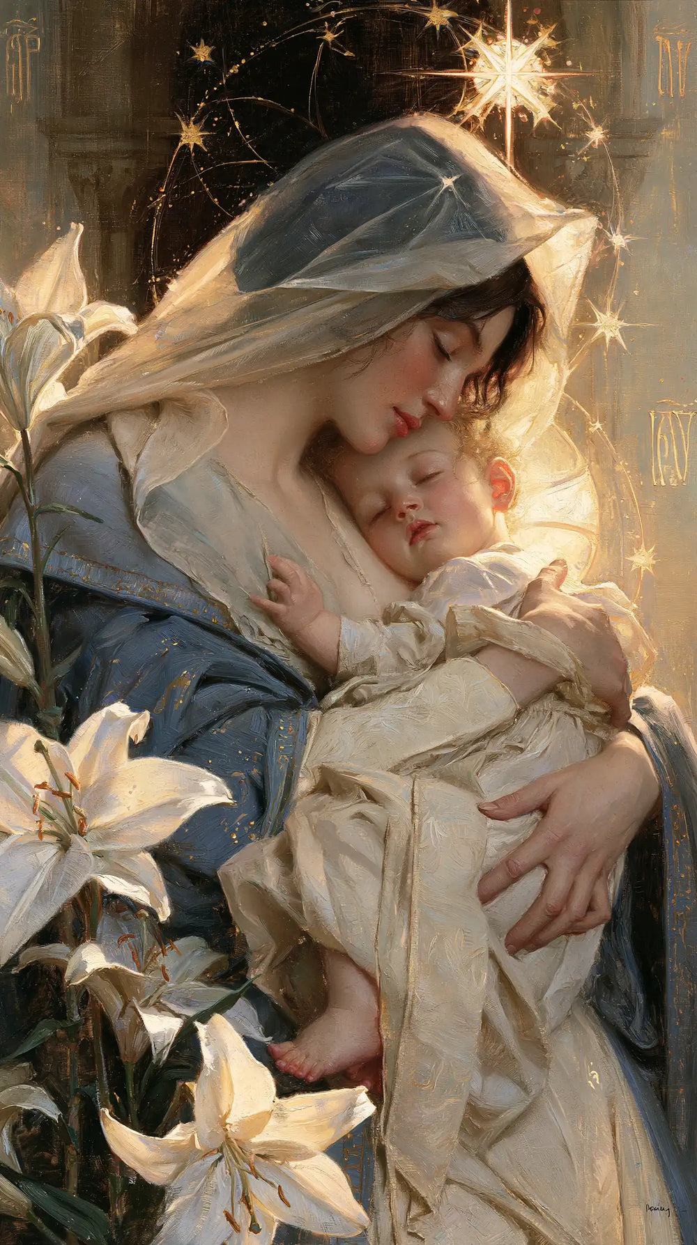 the Virgin Mary and the Child Jesus in Symbolist style, portrait Christian artwork no. 1