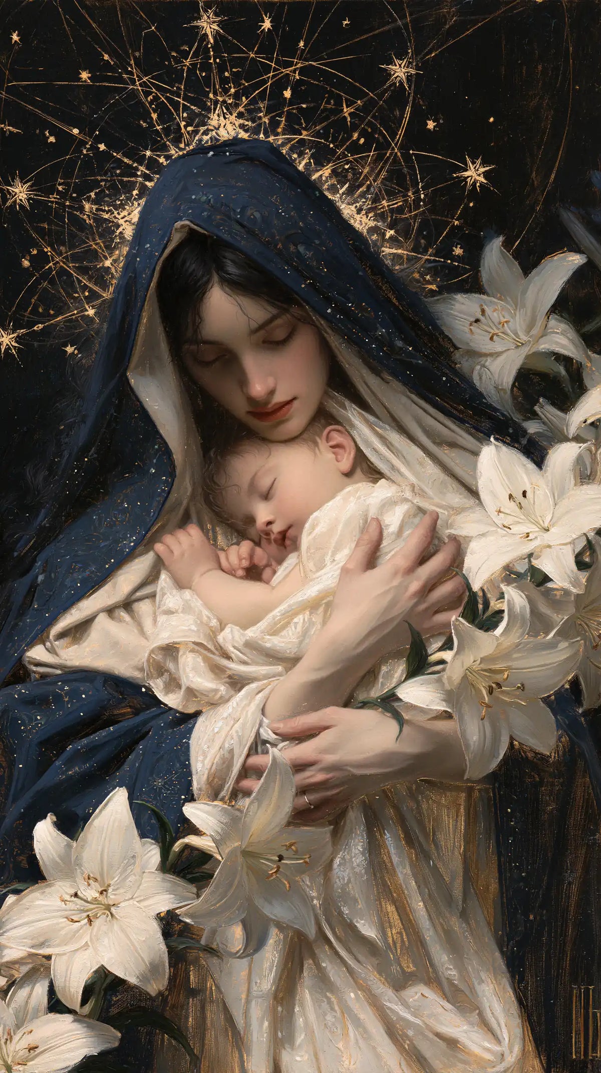 the Virgin Mary and the Child Jesus in Symbolist style, portrait Christian artwork no. 11