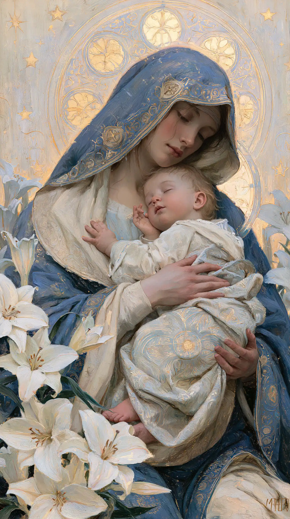 the Virgin Mary and the Child Jesus in Symbolist style, portrait Christian artwork no. 13