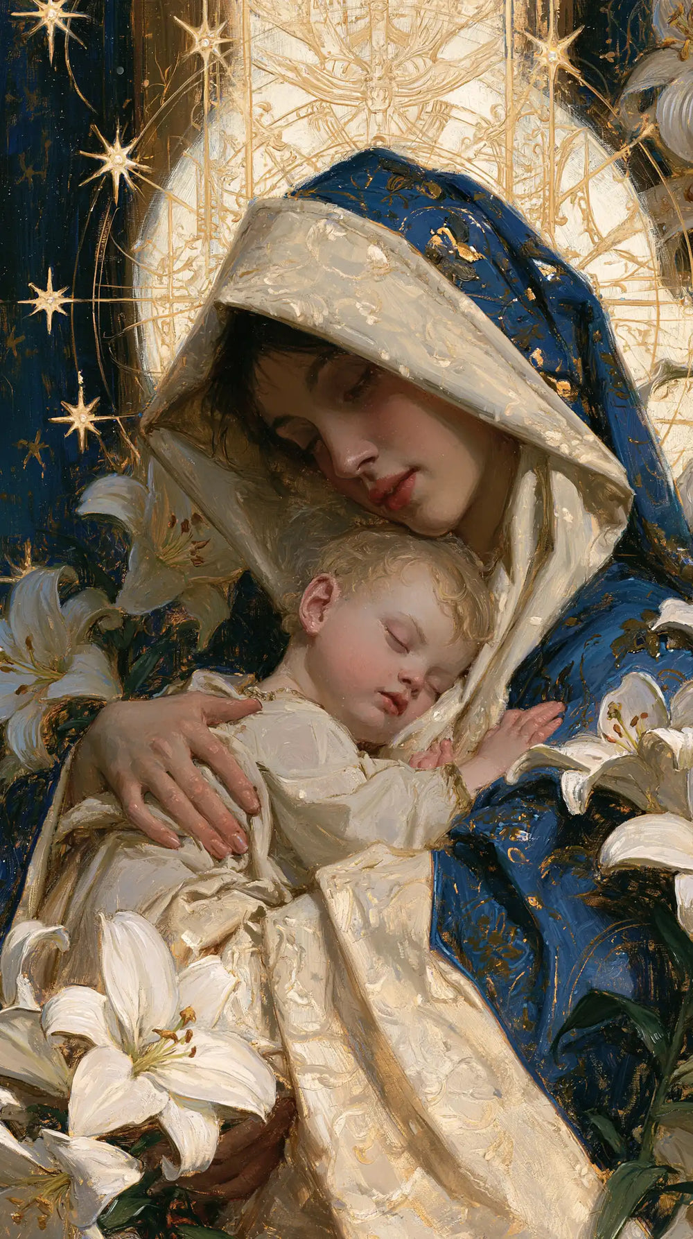 the Virgin Mary and the Child Jesus in Symbolist style, portrait Christian artwork no. 15