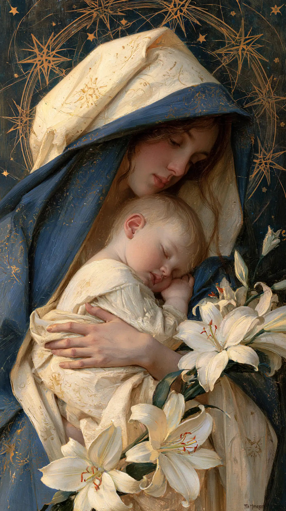 the Virgin Mary and the Child Jesus in Symbolist style, portrait Christian artwork no. 22