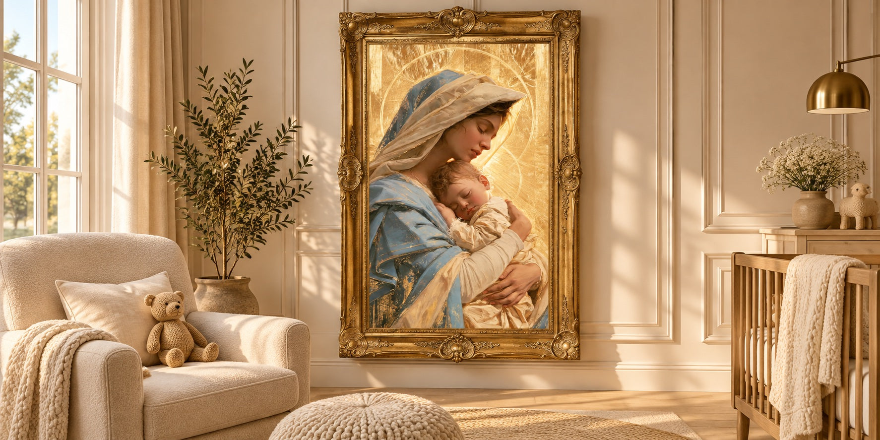 Virgin Mary and Child Jesus — Gold artwork styled in a gold frame